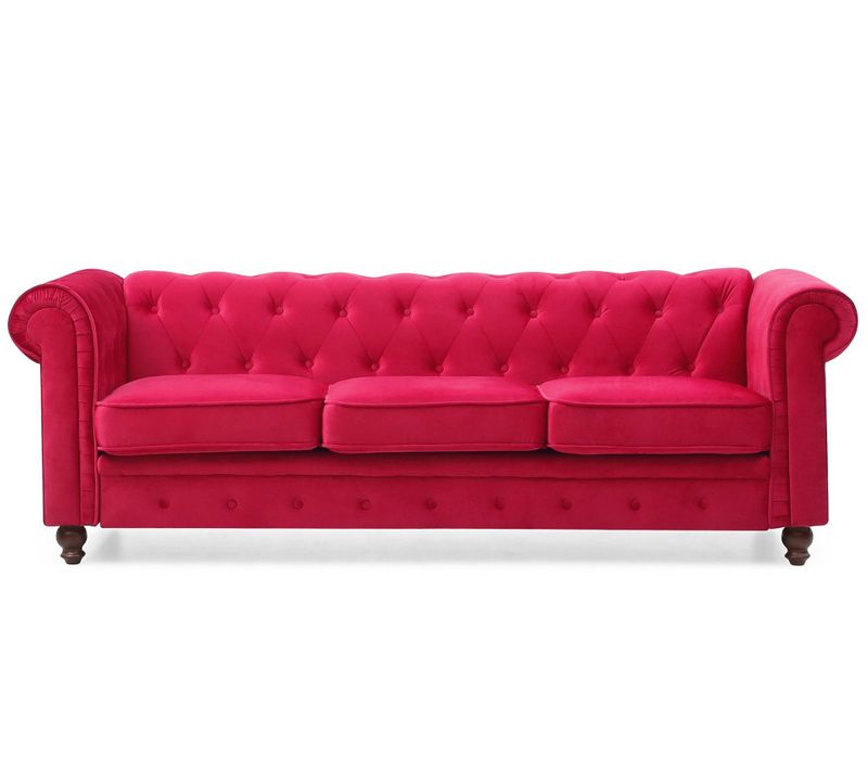 Grand Canapé 3 Places Chesterfield Velours Rouge