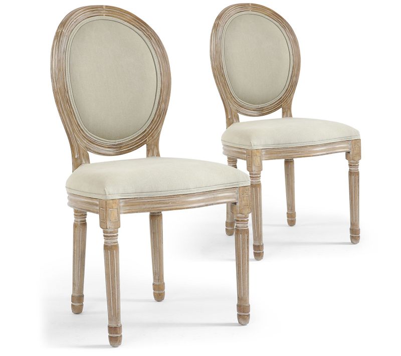 Lot De 2 Chaises Médaillon Style Louis Xvi Bois Massif Patiné Clair Et Tissu Beige