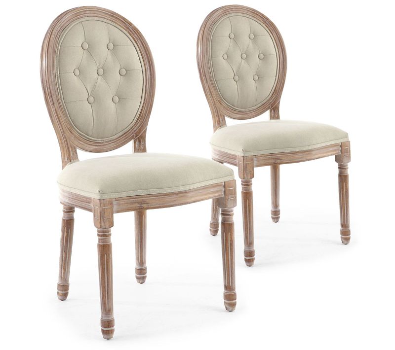 Lot De 2 Chaises Médaillon Louis Xvi Bois Massif Patiné Et Tissu Capitonné Beige