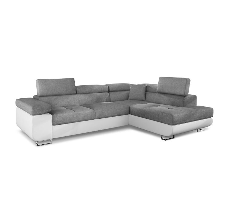Canapé D'angle Convertible Antoni Avec Têtières Relevables Angle à Droite Simili Blanc Et Tissus Gri