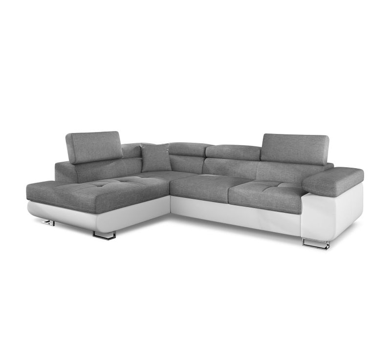 Canapé D'angle Convertible Antoni Avec Têtières Relevables Angle Gauche Simili Blanc Et Tissus Gris