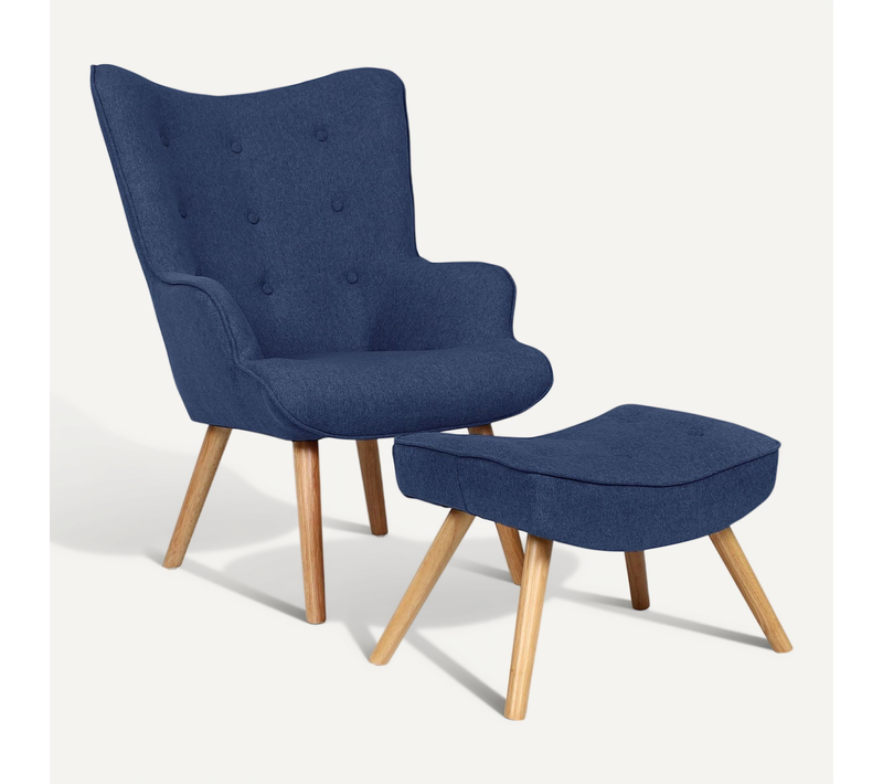 Fauteuil Scandinave + Pouf Lylou Tissu Bleu