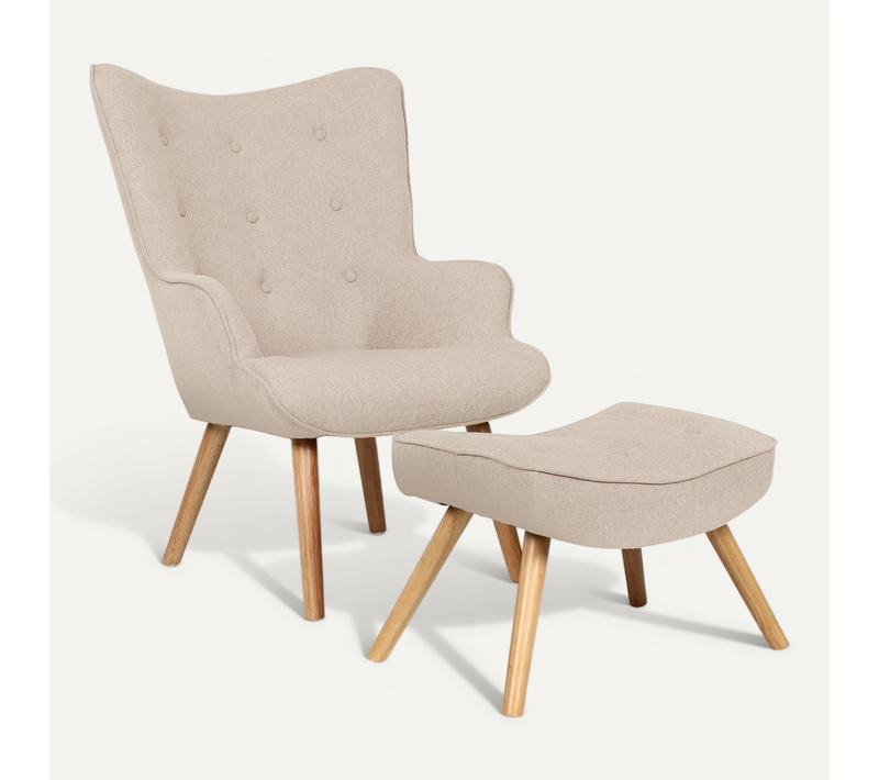Fauteuil Scandinave + Pouf Lylou Tissu Beige