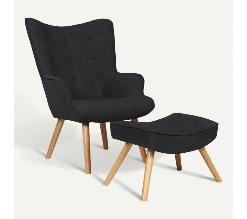 Fauteuil Scandinave + Pouf Lylou Tissu Noir