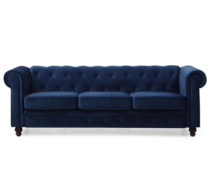 Grand Canapé 3 Places Chesterfield Velours Bleu