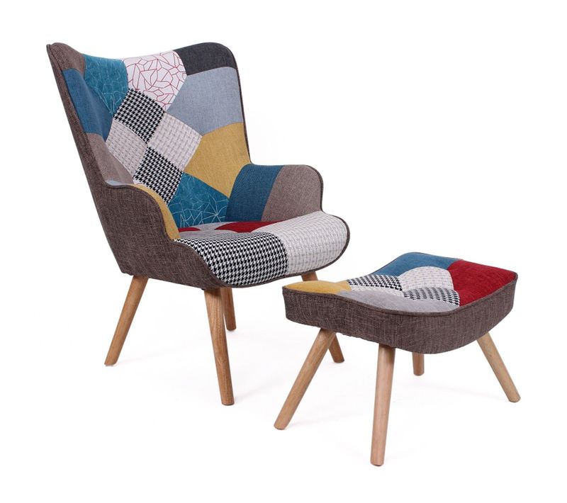 Fauteuil Scandinave + Pouf Lylou Tissu Patchwork