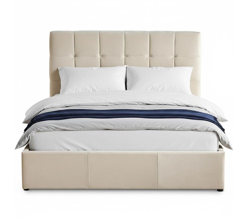 Lit Double Luftani Avec Sommier Relevable 140x190cm Velours Beige