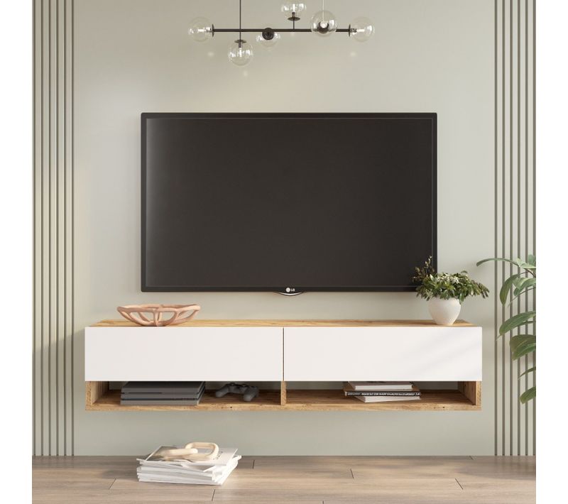 Meuble TV Mural, 2 Portes Basculantes Pino L140cm Bois Clair Et Blanc
