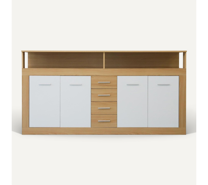 Buffet Contemporain L190cm 4 Portes Er 4 Tiroirs Lunata Bois Sonoma Et Blanc