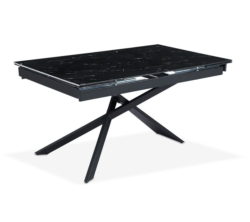 Table à Manger Extensible Ismael En Verre Effet Marbre Noir Et Pieds Métal Noir