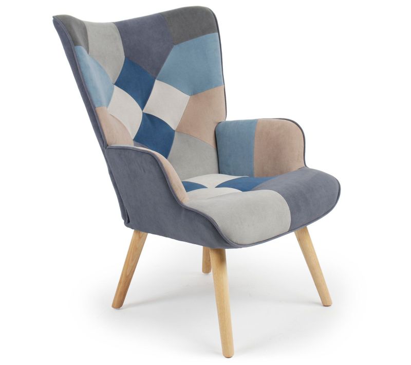 Fauteuil Scandinave Lyliane Effet Patchwork Velours Gris Et Bleu