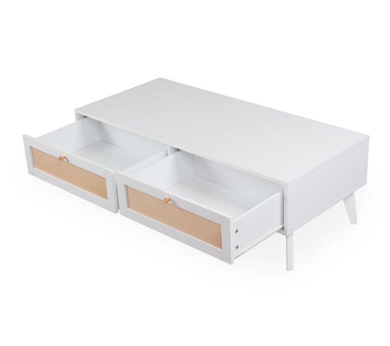 Table Basse 2 Tiroirs Avec Cannage Dalgora L120cm Blanc