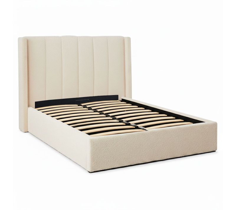 Lit Double Magorial Avec Sommier Relevable 140x190cm Tissu Bouclette Crème