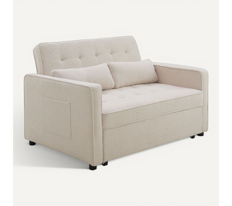 Canapé Convertible 2 Places Komaria Tissu Bouclette Crème
