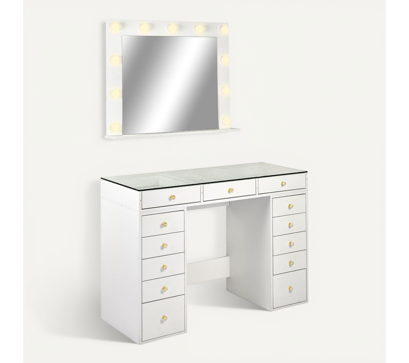 Coiffeuse Moderne 13 Tiroirs Avec Miroir Lumineux Et Plateau En Verre L120cm Probeauty Blanc