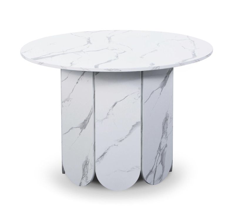 Table Ronde Style Japandi Extensible 310cm Tulipa Rallonges Intégrées Effet Marbre Blanc