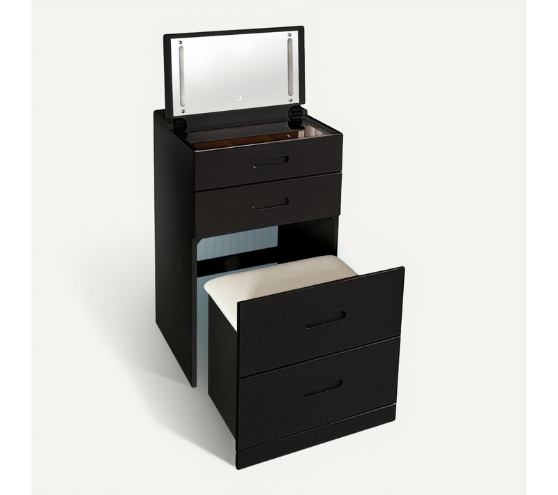 Coiffeuse Compacte 48cm Avec Miroir LED, Tiroir Et Pouf Intégré Germina Noir