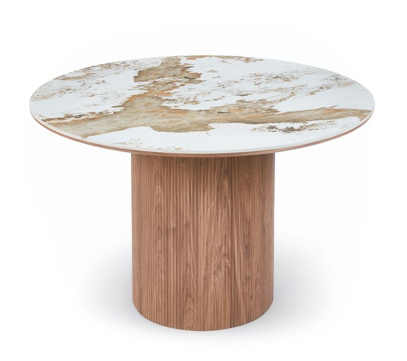 Table Ronde Moderne 120cm églantine Céramique Effet Marbre Blanc Et Pied Colonne Strié