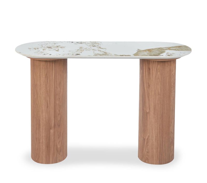 Console Moderne Pieds Colonnes 40x120cm Eglantine Bois Et Céramique Effet Marbre Blanc