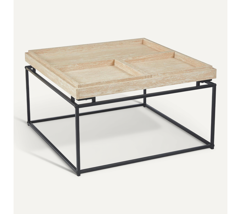 Table Basse Carrée Avec Plateau Compartimenté Réversible 80x80cm Duplix Effet Travertin Beige