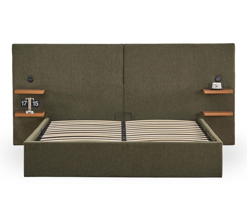 Lit-coffre Complet Avec Tablettes Et Ports USB Intégrés Lukas 140x190cm Tissu Vert