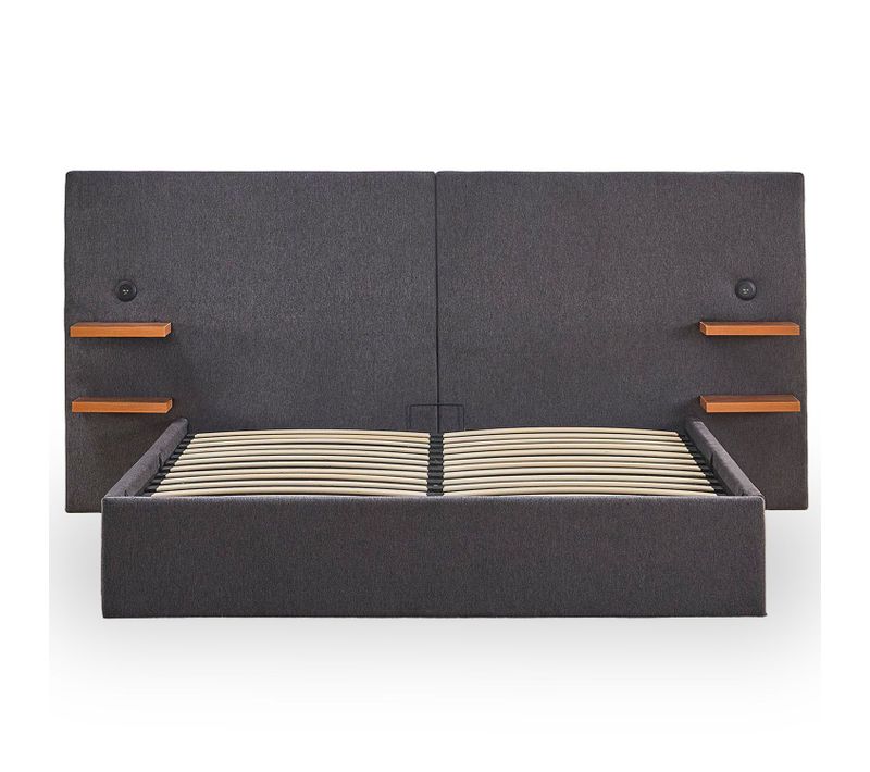 Lit-coffre Complet Avec Tablettes Et Ports USB Intégrés Lukas 160x200cm Tissu Gris