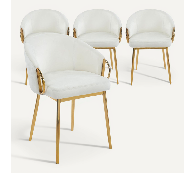 Lot De 4 Chaises Arrondies Et Matelassées Patricia Métal Doré Et Velours Crème