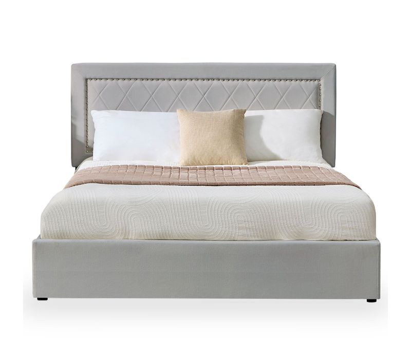 Lit Coffre Sandiego Avec Sommier Relevable 160x200cm Et Tête De Lit Cloutée Velours Gris Clair