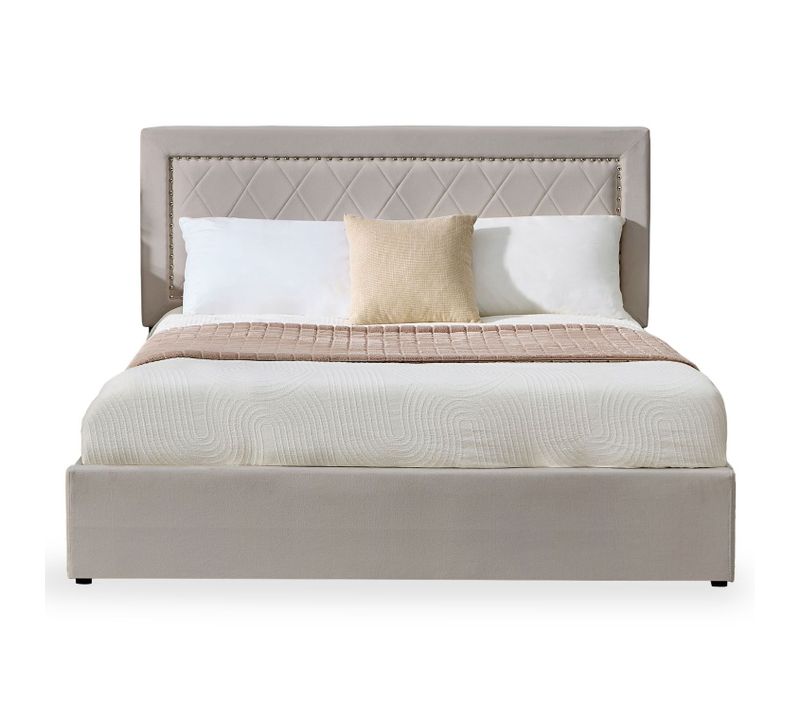 Lit Coffre Sandiego Avec Sommier Relevable 160x200cm Et Tête De Lit Cloutée Velours Taupe
