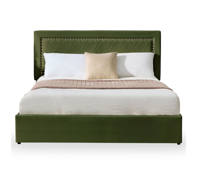 Lit Coffre Sandiego Avec Sommier Relevable 160x200cm Et Tête De Lit Cloutée Velours Kaki