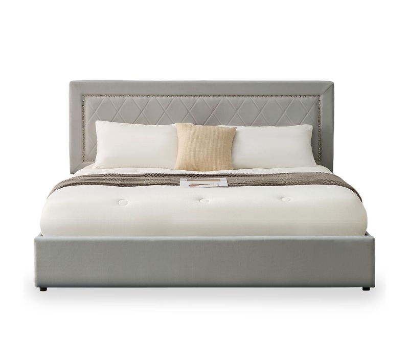 Lit Coffre Sandiego Avec Sommier Relevable 180x200cm Et Tête De Lit Cloutée Velours Gris Clair