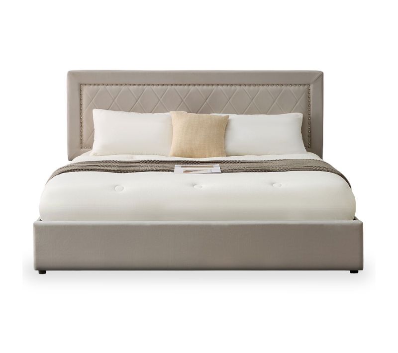 Lit Coffre Sandiego Avec Sommier Relevable 180x200cm Et Tête De Lit Cloutée Velours Taupe