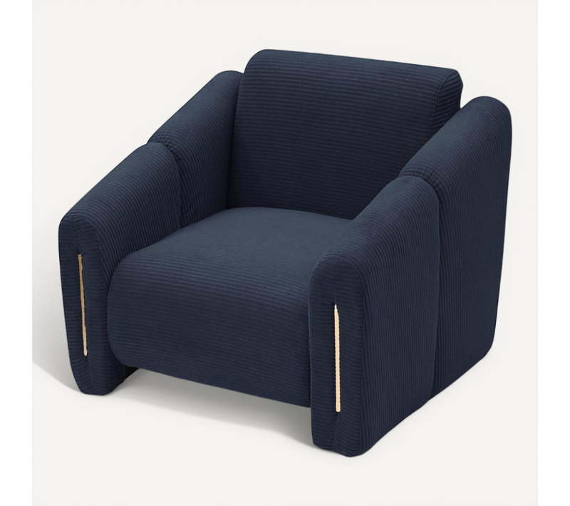 Fauteuil Design Maximilien Métal Doré Et Velours Côtelé Bleu Foncé