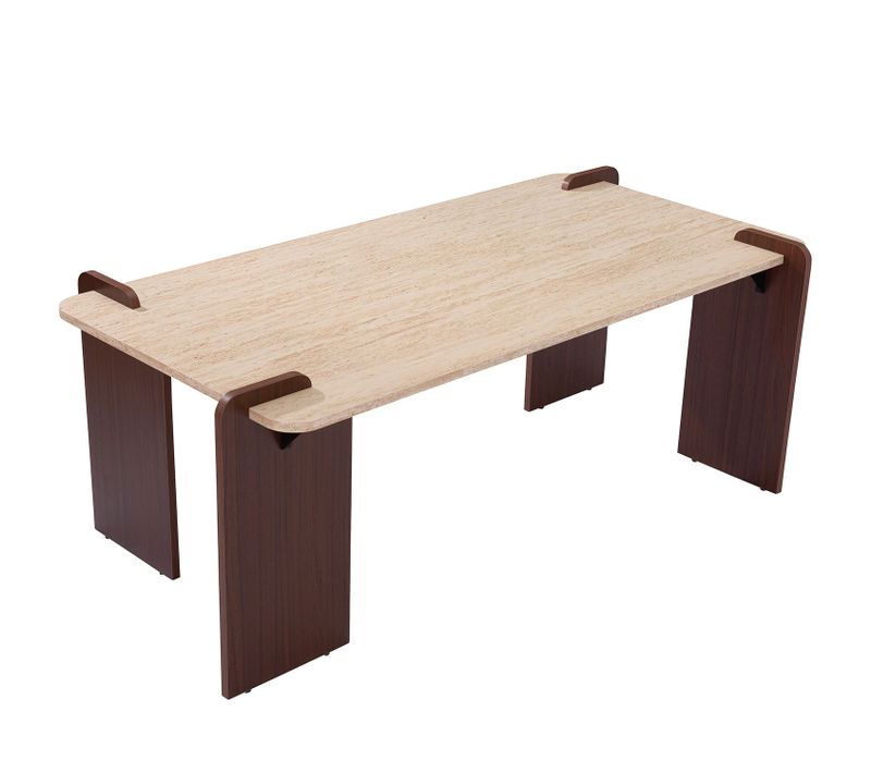 Table Basse Au Design Art Déco Cezanne 60x120cm Effet Travertin Beige Et Bois Foncé