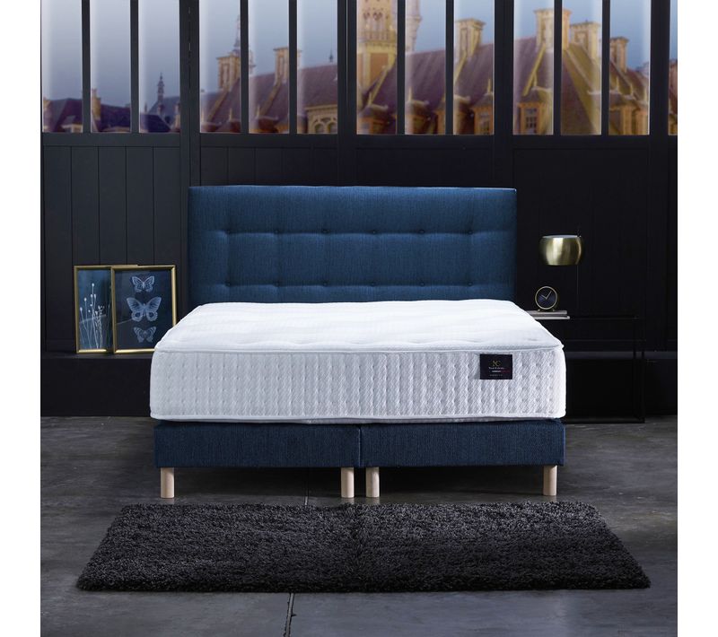 Ensemble Comete + Tete De Lit Capitonnee Matelas Ressorts Ensaches Bleu Marine 160x200cm