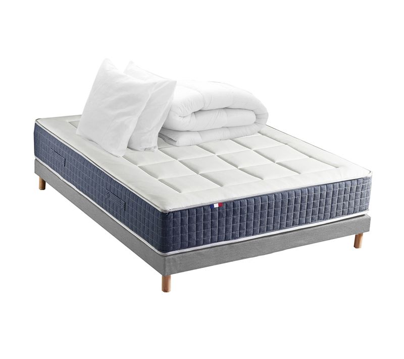 Ensemble Matelas Hybride Sommier Couette Oreillers 140x190