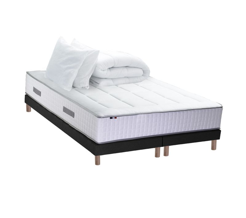 Ensemble Matelas Ressort 7 Zones + Sommier + Oreiller + Couette 180x200 Noir