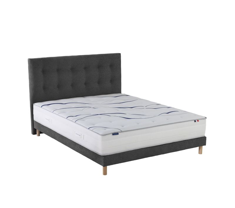 Ensemble Matelas Mousse HD Nuvia + Sommier + Tête De Lit Chenille Bouclettes Gris Anthracite 140x190