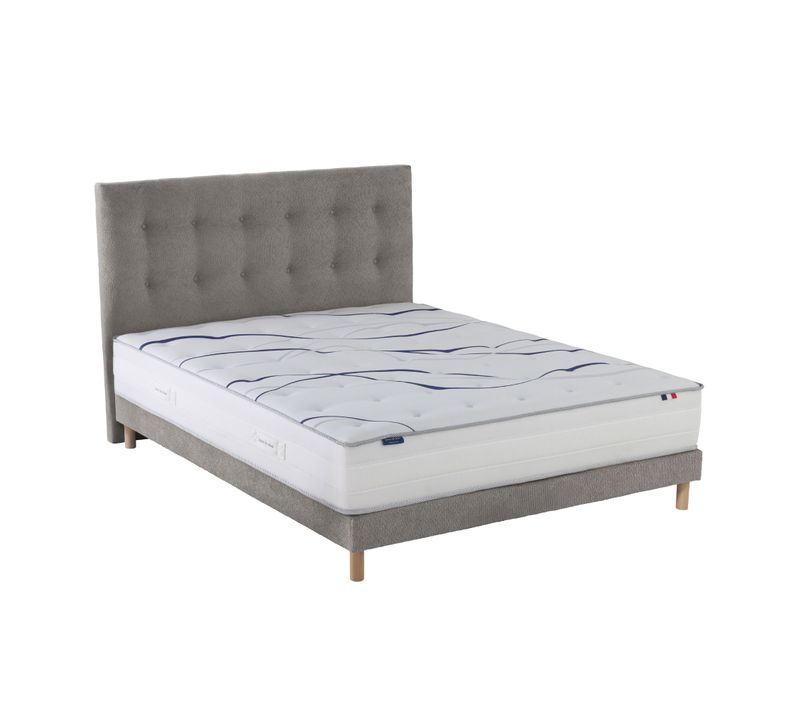 Ensemble Matelas Mousse HD Nuvia + Sommier + Tête De Lit Chenille Bouclettes Gris Clair 140x190