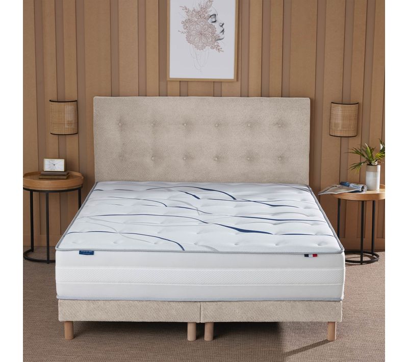 Ensemble Matelas Mousse 160x200 (2x80x200) Memoria + Sommier + Tête De Lit Chenille Bouclettes Crème