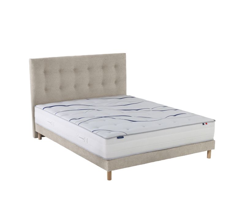 Ensemble Matelas Mousse HD Serena + Sommier + Tête De Lit Chenille Bouclettes Crème 140x190