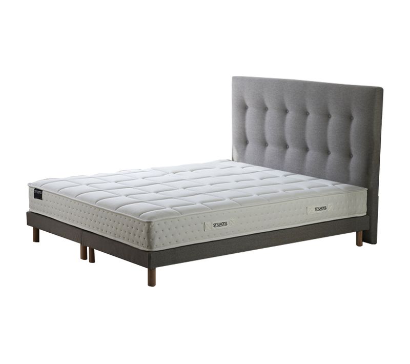 Ensemble Matelas Ressorts 7 Zones H 22 Cm + Sommier Lattes + Tete De Lit Capitonnee Gris 2x90x200