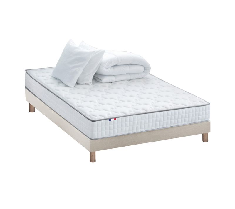 Pack Matelas Ressorts Astre + Sommier Kit Beige + Couette Et Oreillers 140x200