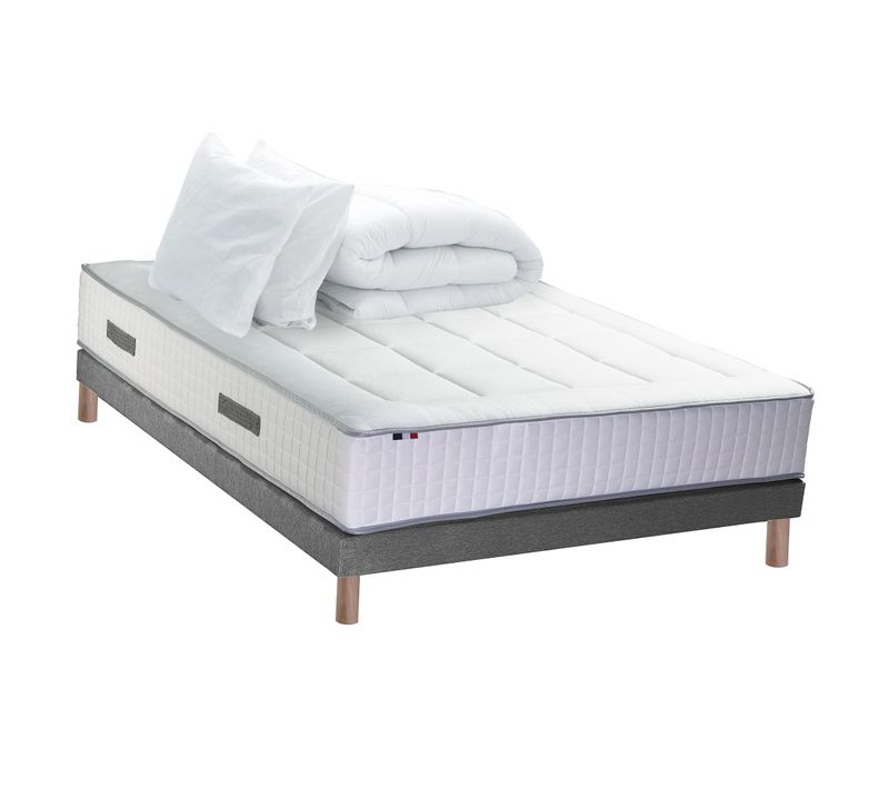 Pack Matelas Ressorts 7 Zones Palacio + Sommier En Kit Gris + Couette Et Oreillers 140x190
