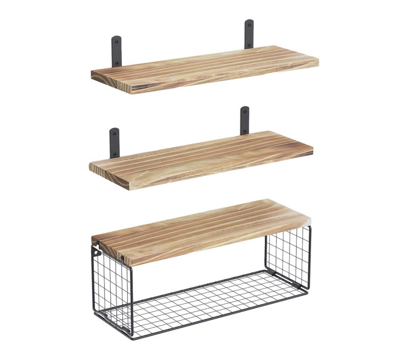 Étagère Murale Flottante Avec Panier De Rangement Charge Max. 18 Kg, En Bois, Couleur Naturelle