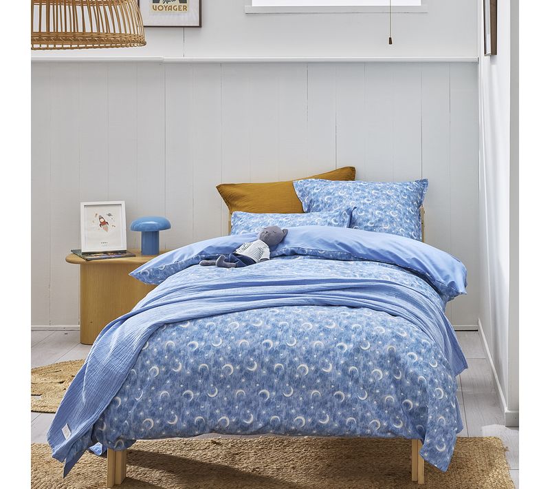 Parure De Lit Enfant En Percale De Coton Bleu 140x200 Cm