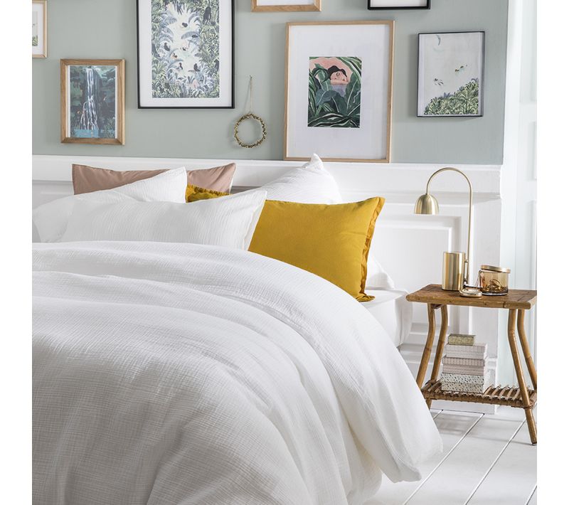 Parure De Lit Unie En Gaze De Coton Lavée Taies Carrées Blanc 260 X 240