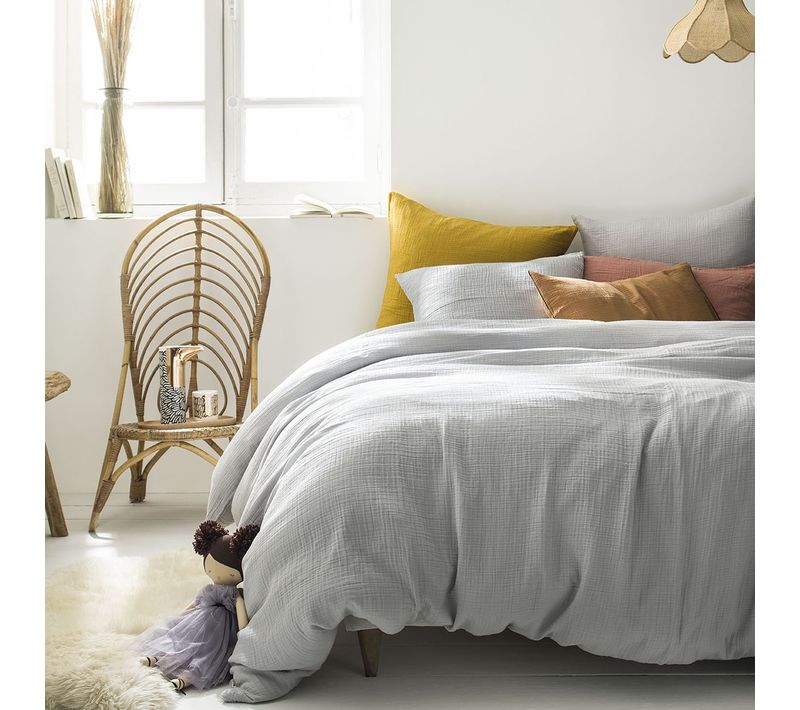 Parure De Lit Unie En Gaze De Coton Lavée Taies Rectangles Greige 260 X 240