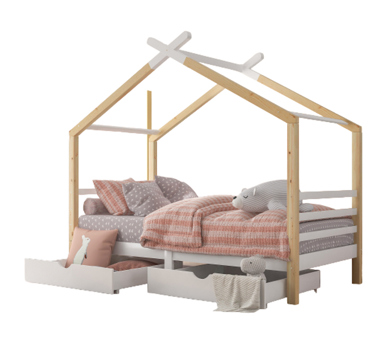 Lit Cabane Enfant Avec Tiroirs 90x200, Bois Massif De Pin  Avec Sommier à Lattes, Blanc
