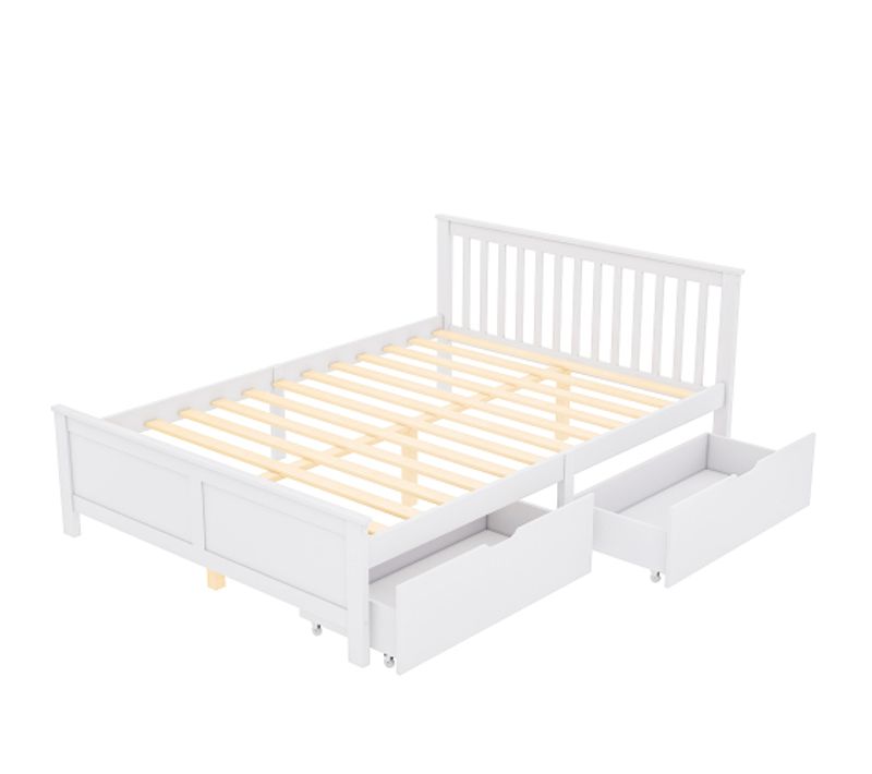 Lit Double En Bois De Pin Massif 140x200, Avec Tiroirs De Rangement, Structure Blanche